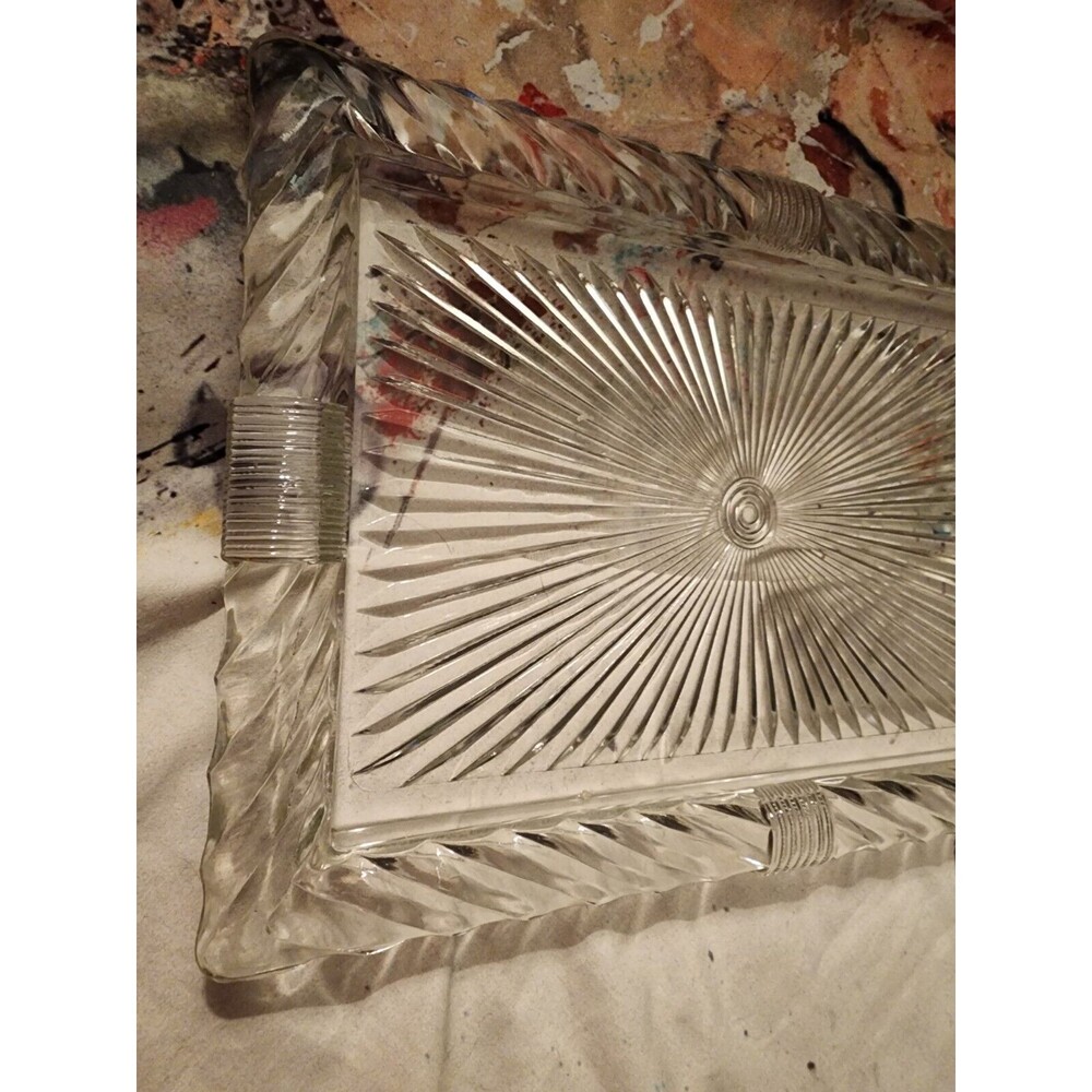 VINTAGE 1950’s Glass VANITY Serving Tray Starburst & Emboss Rope Rim Design RARE - Picture 2 of 4